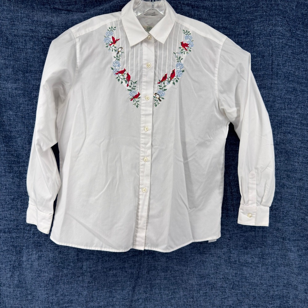 Orvis Blouse Women 12 White Cotton Blend Regular Fit Embroidered Cardinal Top